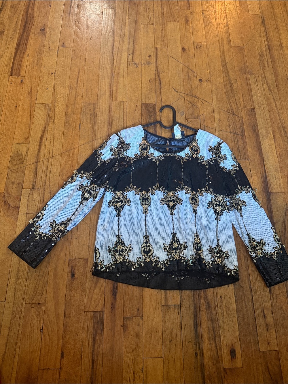 Embellished Black and Light Blue Long-Sleeve Women's Top